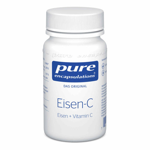 Eine weiße Plastikflasche mit blauem Etikett der Marke 'pure encapsulations'. Auf der Flasche steht 'Eisen-C' und 'Eisen + Vitamin C'.