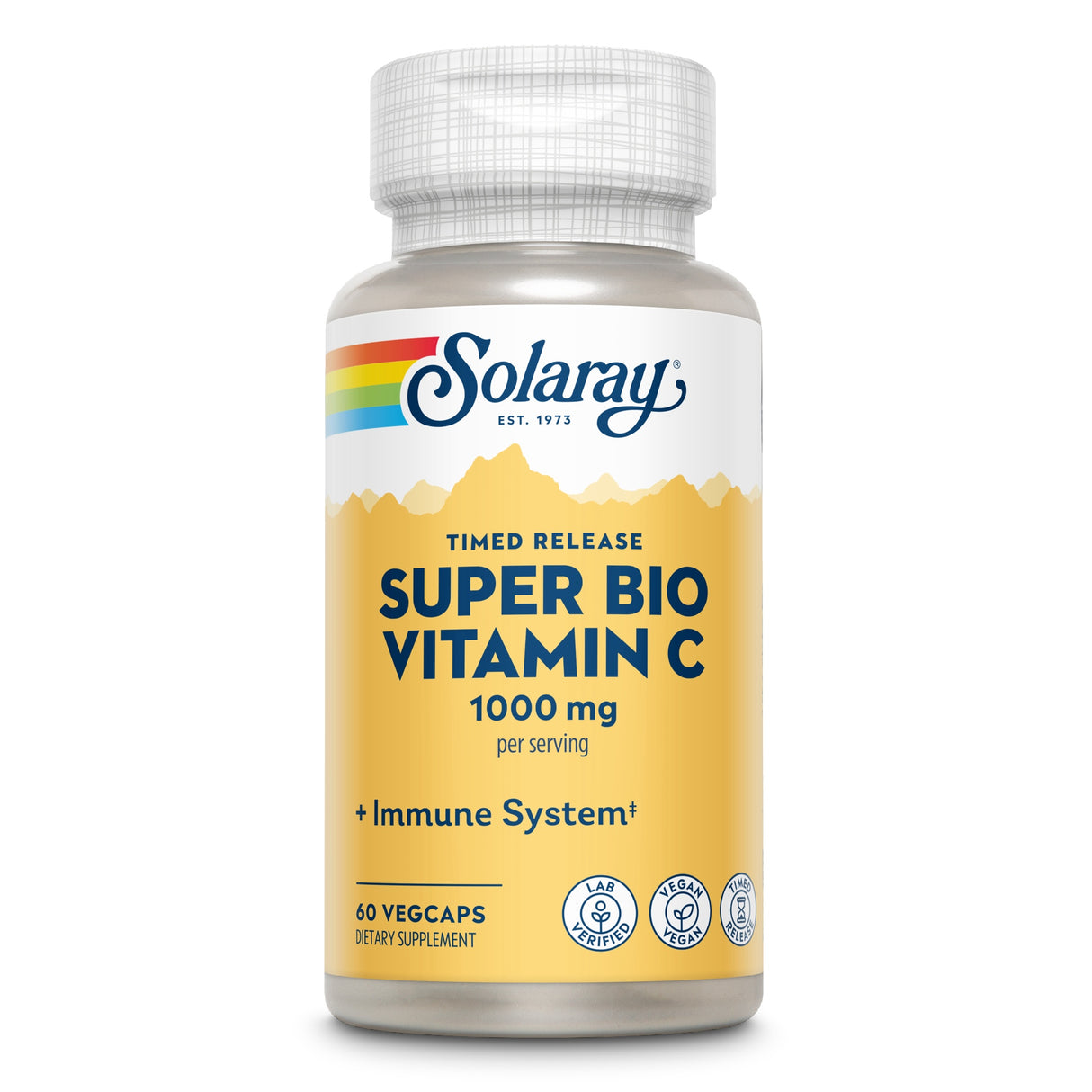 Eine Flasche mit dem Produkt "Solaray Super Bio Vitamin C" steht aufrecht. Das Etikett zeigt den Produktnamen, die Dosierung von 1000 mg pro Portion und die Eigenschaften wie "Timed Release", "Immune System", "Lab Verified", "Vegan" und "60 Vegcaps". Das Design ist in Gelb und Weiß gehalten, mit einem Regenbogen-Logo oben.