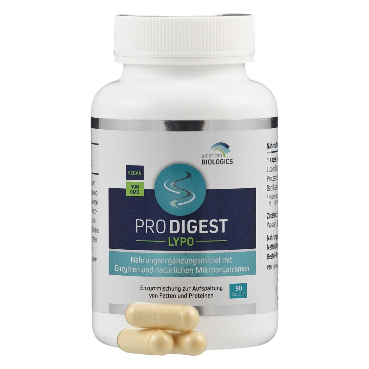 Eine Flasche mit dem Etikett "PRO DIGEST LYPO" von American Biologics, enthält 90 Kapseln. Vegan und non-GMO. Nahrungsergänzungsmittel.