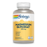 Eine Plastikflasche mit dem Etikett 'Solaray Magnesium Glycinat 350 mg'. Das Etikett ist gelb mit einem Regenbogenstreifen oben. Auf dem Etikett steht: '+ Muskeln + Nerven + Energie' und '120 Kapseln'. Es gibt Symbole für 'Lab Verified' und 'Vegan'.