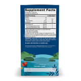 Rückseite einer Nahrungsergänzungsmittelverpackung mit blauer und grüner Grafik. Enthält Nährwertangaben für Omega-3-Fettsäuren, Zutatenliste und Herstellerinformationen. Unten befindet sich eine Landschaftsgrafik mit Bergen und Bäumen.