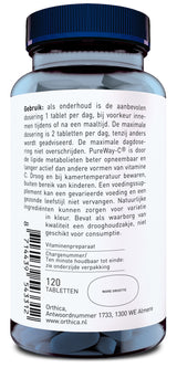 Das Bild zeigt eine Flasche mit Nahrungsergänzungsmitteln von Orthica. Die Flasche hat einen blauen Deckel und ein weißes Etikett mit Text in niederländischer Sprache. Die Hauptinformationen auf dem Etikett umfassen die Verwendungshinweise für das Produkt, das als Vitaminenpräparat beschrieben wird. Es wird empfohlen, 1 Tablette pro Tag einzunehmen, vorzugsweise zu einer Mahlzeit. Das Etikett enthält auch einen Barcode, die Anzahl der Tabletten (120) und die Adresse des Herstellers in Almere, Niederlande.
