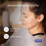 Das Bild zeigt das Gesicht einer Frau im Profil, die entspannt wirkt. Links im Bild sind zwei Symbole mit den Beschriftungen 'Knochen & Muskeln' und 'Immunsystem' zu sehen. Oben steht 'Anwendungsbereiche'. Unten rechts ist das Logo von 'pure encapsulations'.