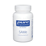 Ein weißer Behälter mit der Aufschrift "pure encapsulations" und "SAMe S-Adenosyl-Methionin". Der Behälter hat einen weißen Schraubverschluss und enthält Nahrungsergänzungsmittel. Das Produkt ist auf einem neutralen Hintergrund abgebildet.