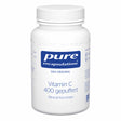 Das Bild zeigt eine weiße Plastikflasche mit einem Schraubverschluss. Auf dem Etikett steht 'pure encapsulations DAS ORIGINAL Vitamin C 400 gepuffert Mineral-Ascorbate'. Die Flasche ist in einem schlichten, modernen Design gehalten.
