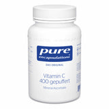 Das Bild zeigt eine weiße Plastikflasche mit einem Schraubverschluss. Auf dem Etikett steht 'pure encapsulations DAS ORIGINAL Vitamin C 400 gepuffert Mineral-Ascorbate'. Die Flasche ist in einem schlichten, modernen Design gehalten.