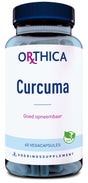 Das Bild zeigt eine Flasche mit Nahrungsergänzungsmitteln der Marke Orthica. Auf dem Etikett steht 'Curcuma', 'Goed opneembaar', '60 Vegacapsules', und es gibt ein veganes Symbol. Die Flasche hat einen blauen Deckel und enthält blaue Kapseln.