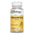 Das Bild zeigt eine Flasche mit Solaray Vitamin D-3 Lutschtabletten. Die Flasche hat ein gelbes Etikett mit der Aufschrift 'Vitamin D-3 50 mcg'. Auf dem Etikett sind auch ein Regenbogen-Logo und das Bild einer Zitrone zu sehen. Die Flasche enthält 60 Lutschtabletten und ist als Nahrungsergänzungsmittel gekennzeichnet. Die Aufschrift 'Bone Strength' und 'Lab Verified' sind ebenfalls auf dem Etikett zu finden. Die Flasche hat einen weißen Deckel mit einem grauen Muster.