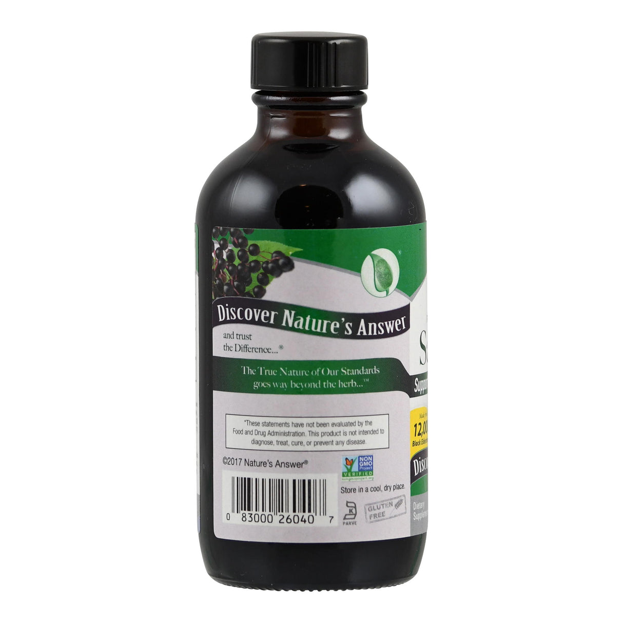 Eine braune Glasflasche mit schwarzem Schraubverschluss, auf der ein Etikett mit der Aufschrift 'Discover Nature's Answer' und einem grünen Logo zu sehen ist. Das Etikett enthält auch Informationen über das Produkt und einen Barcode.
