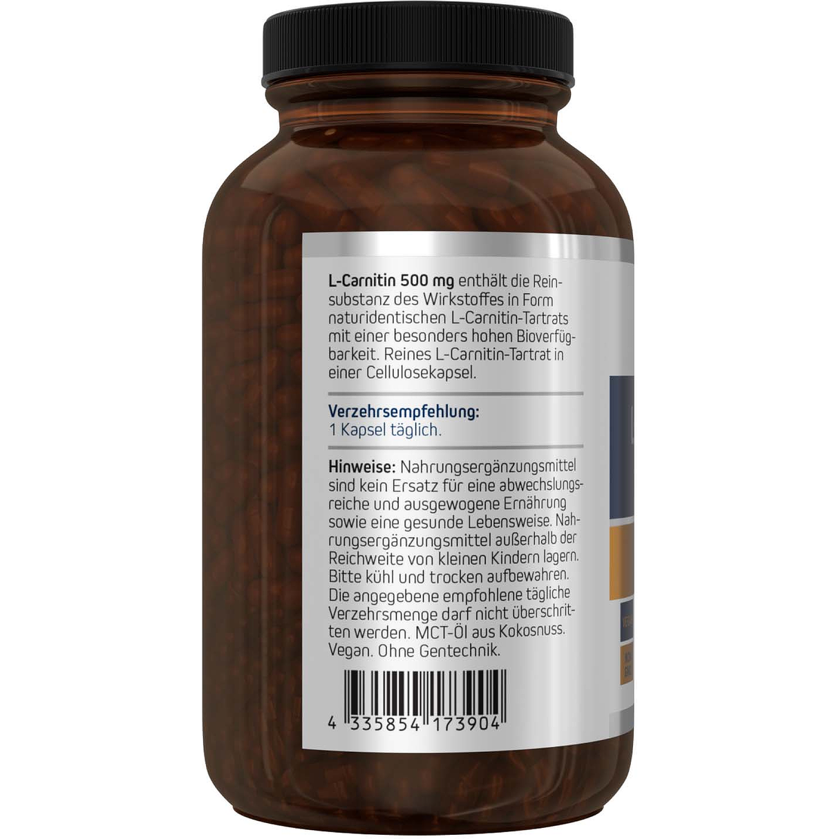 Eine weiße Plastikflasche mit dem Etikett 'L-Carnitin 500 mg' von American Biologics steht aufrecht. Vor der Flasche liegen drei weiße Kapseln. Das Etikett weist auf die Eigenschaften 'vegan' und 'non-GMO' hin. Die Flasche enthält 60 Kapseln eines Nahrungsergänzungsmittels.