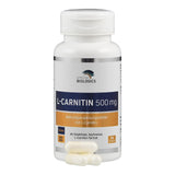 Eine weiße Plastikflasche mit dem Etikett 'L-Carnitin 500 mg' von American Biologics steht aufrecht. Vor der Flasche liegen drei weiße Kapseln. Das Etikett weist auf die Eigenschaften 'vegan' und 'non-GMO' hin. Die Flasche enthält 60 Kapseln eines Nahrungsergänzungsmittels.