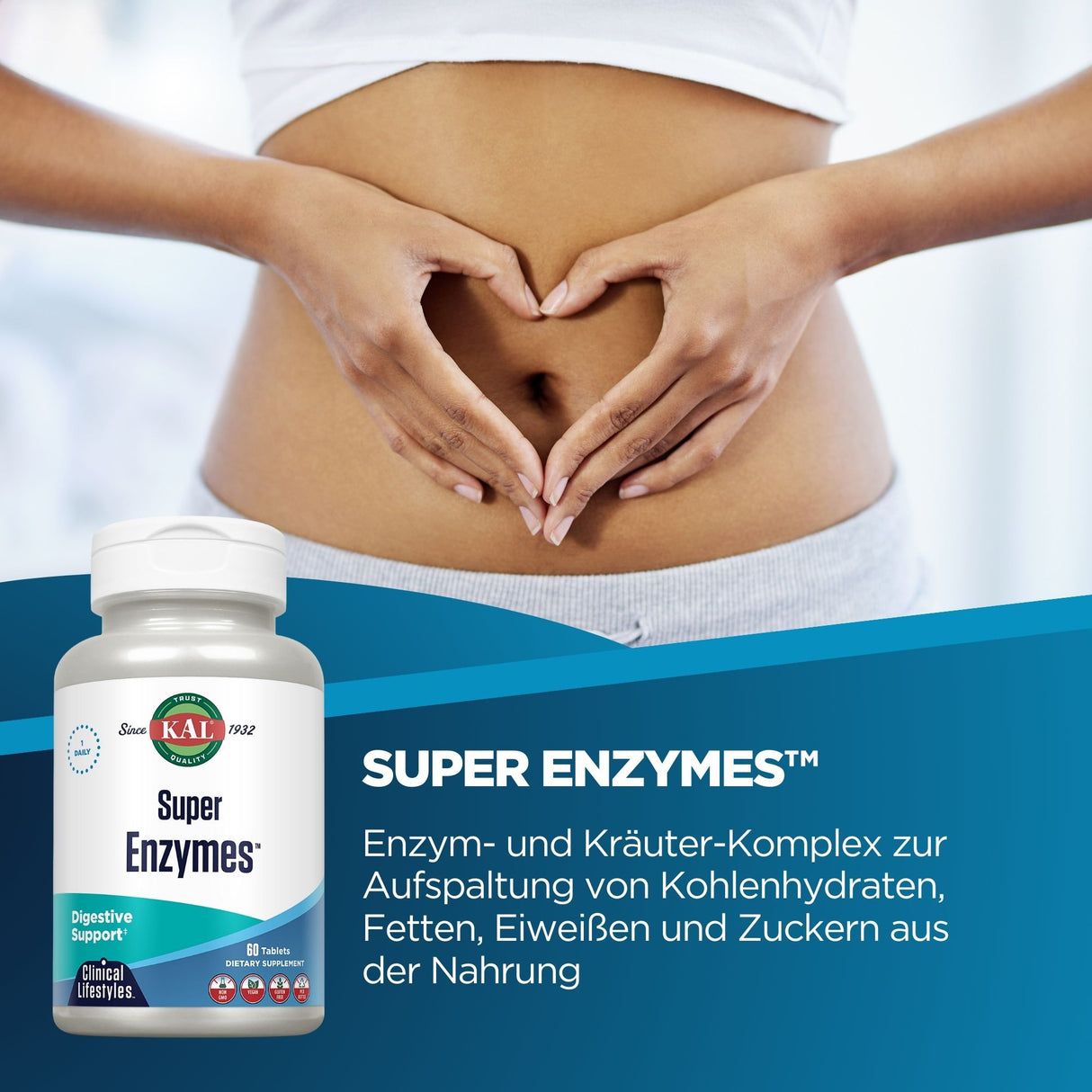 Ein Bauch mit Händen in Herzform, daneben eine Flasche "Super Enzymes" von KAL. Text beschreibt Enzym-Komplex zur Nahrungsaufspaltung.