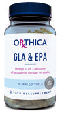 Das Bild zeigt ein Nahrungsergänzungsmittel von Orthica in einer durchsichtigen Plastikflasche mit blauem Deckel. Auf dem Etikett steht 'GLA & EPA', '90 Mini Softgels' und 'Voedingssupplement'. Die Flasche enthält gelbliche Softgel-Kapseln.