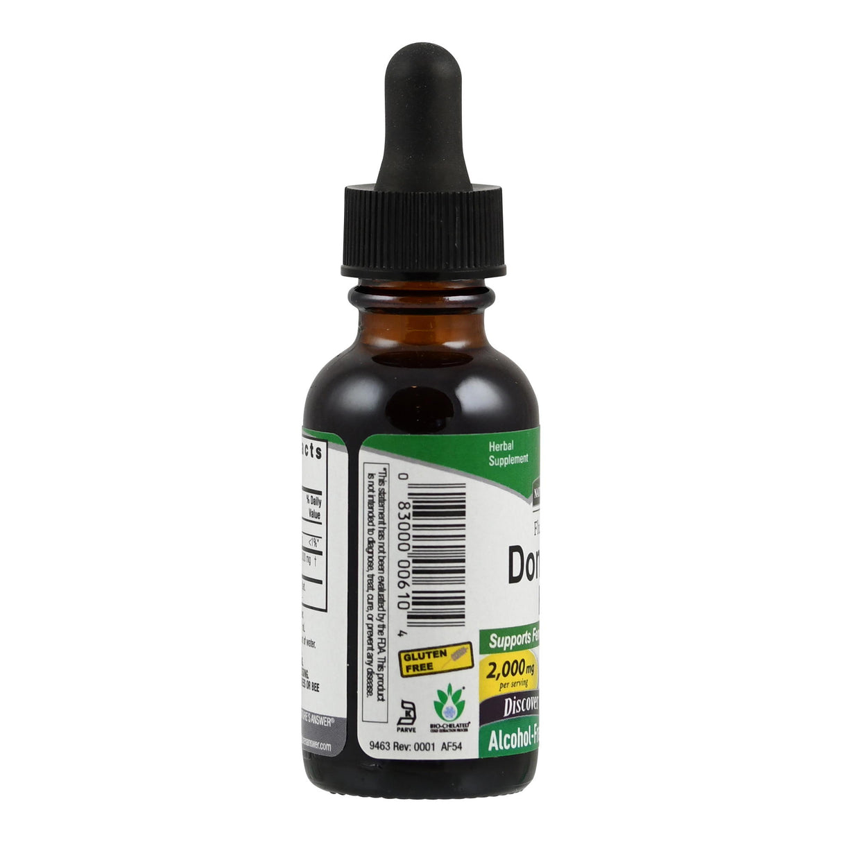 Das Bild zeigt eine braune Glasflasche mit einer Pipette als Verschluss. Auf dem Etikett sind Informationen zu einem pflanzlichen Nahrungsergänzungsmittel aufgedruckt. Die Flasche steht vor einem weißen Hintergrund.