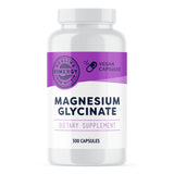 Das Bild zeigt eine weiße Flasche mit violettem Etikett, auf dem "Magnesium Glycinate" steht. Es handelt sich um ein Nahrungsergänzungsmittel mit 300 veganen Kapseln. Das Etikett trägt auch das Logo "Vimergy" und den Hinweis "Healing from Within".