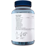 Das Bild zeigt eine transparente Plastikflasche mit blauem Deckel, die eine weiße Etikette mit Nährstoffangaben trägt. Auf dem Etikett steht, dass eine Kapsel eine Bakterienkulturenmischung enthält, darunter verschiedene Bifidobacterium- und Lactobacillus-Stämme. Es gibt auch eine Anleitung zur Einnahme: die Kapsel in lauwarmem Wasser auflösen, umrühren und trinken. Die Flasche ist teilweise mit blauen Kapseln gefüllt.
