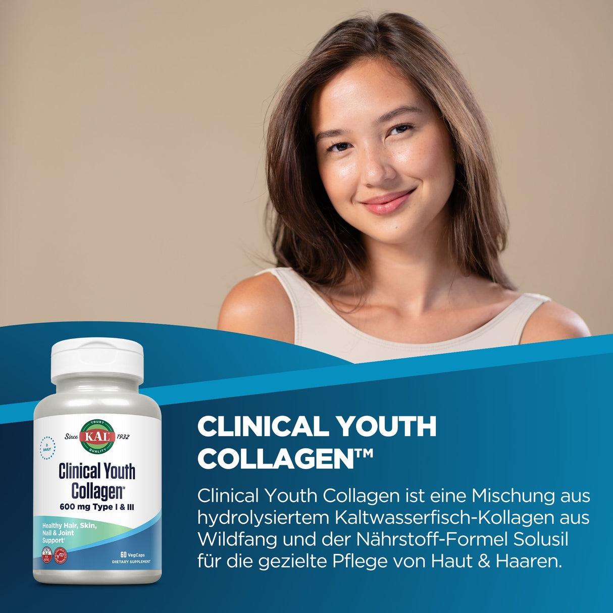 Frau lächelt neben einer Collagen-Dose mit Text über Produktvorteile für Haut und Haare.
