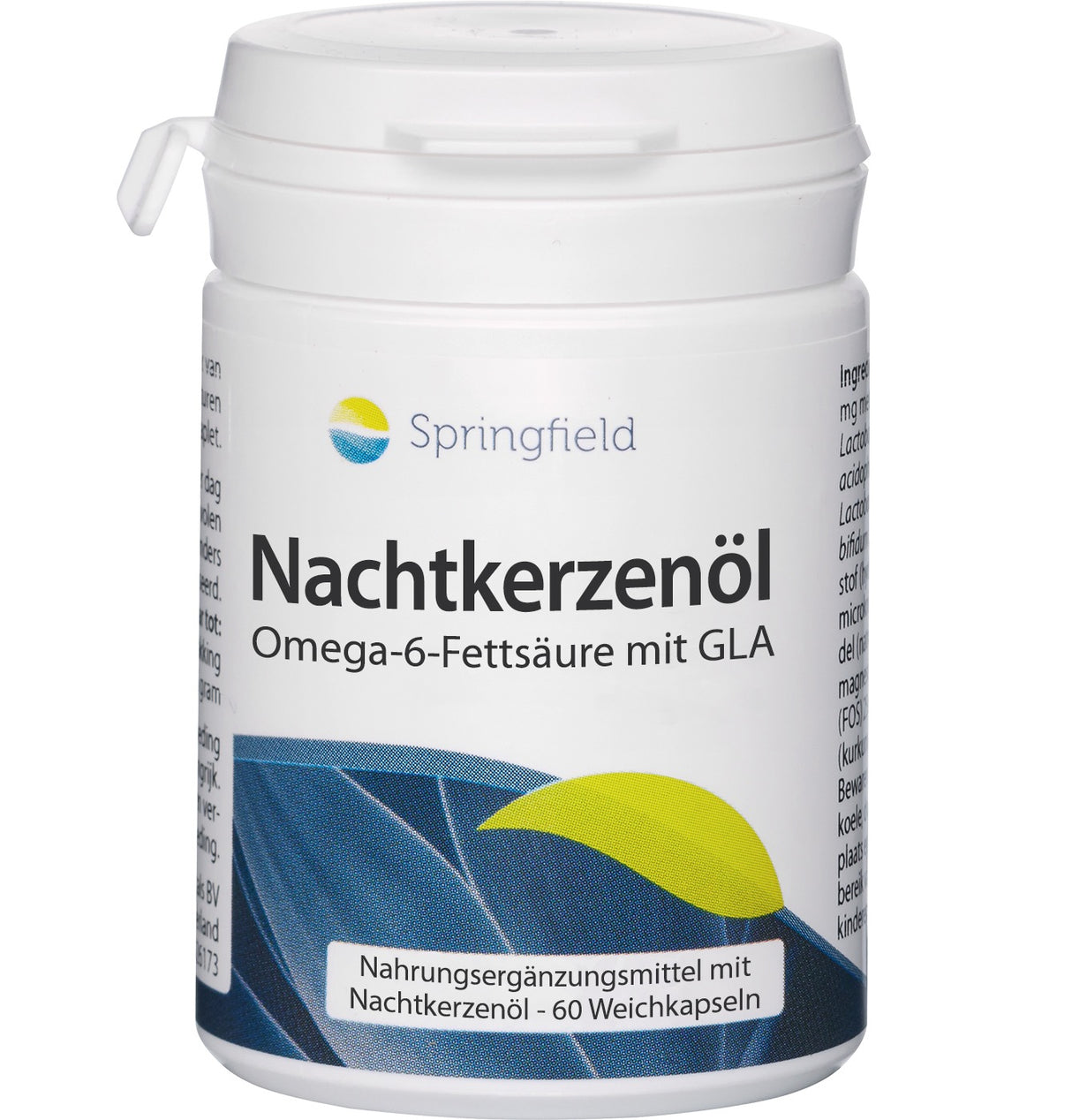 Das Bild zeigt eine weiße Plastikdose mit der Aufschrift 'Springfield Nachtkerzenöl Omega-6-Fettsäure mit GLA'. Auf der Dose ist ein blaues Blatt mit einem gelben Akzent abgebildet. Die Dose enthält Nahrungsergänzungsmittel mit Nachtkerzenöl in Form von 60 Weichkapseln.
