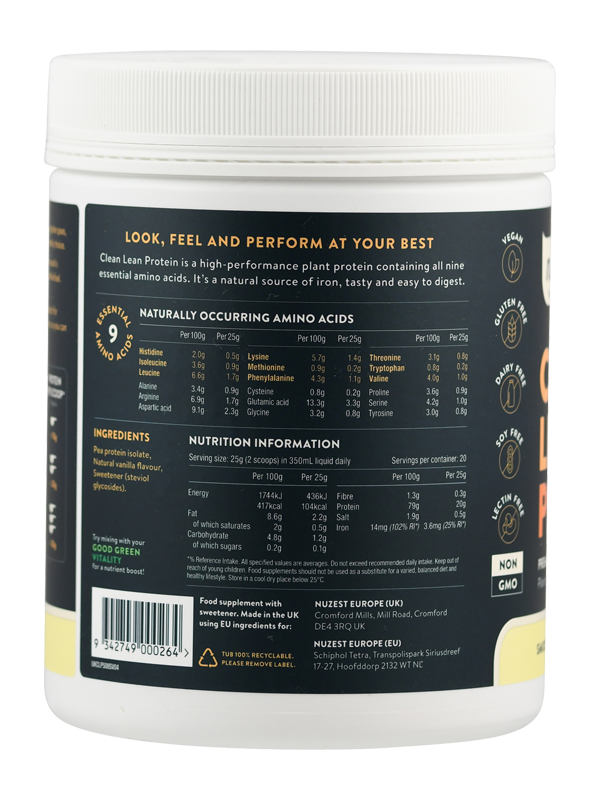Proteinpulver-Behälter mit Nährwertangaben, Zutatenliste und Aminosäurenprofil. Enthält pflanzliches Protein, vegan, glutenfrei, ohne Gentechnik.