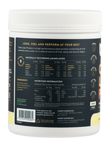 Proteinpulver-Behälter mit Nährwertangaben, Zutatenliste und Aminosäurenprofil. Enthält pflanzliches Protein, vegan, glutenfrei, ohne Gentechnik.