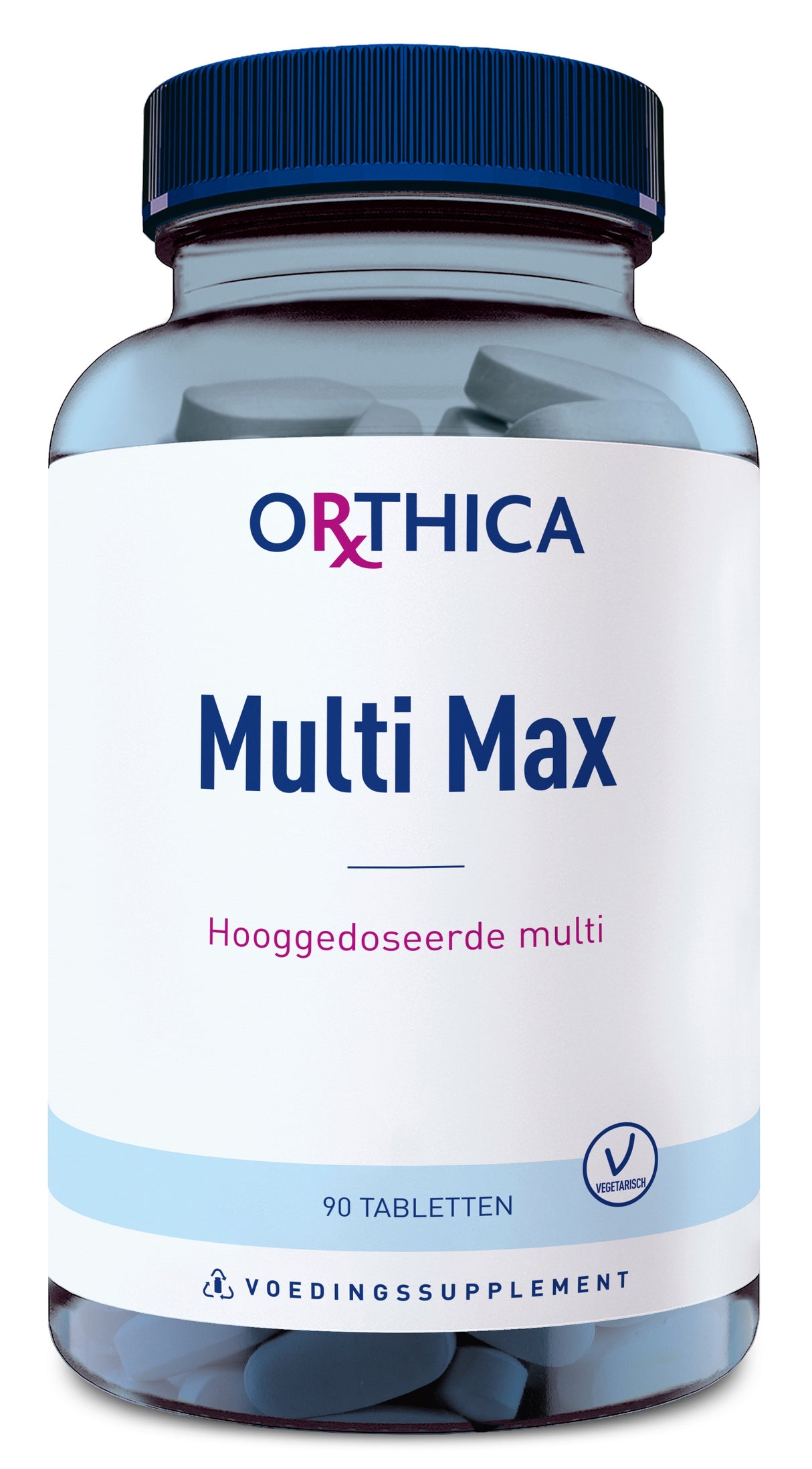 Eine weiße Kunststoffflasche mit blauem Deckel, die das Nahrungsergänzungsmittel 'Orthica Multi Max' enthält. Auf dem Etikett steht 'Hooggedoseerde multi', '90 Tabletten', 'Voedingssupplement' und ein Symbol für vegetarisch.