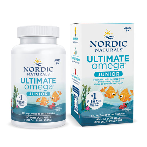 Flasche und Verpackung von Nordic Naturals Ultimate Omega Junior Fischöl für Kinder ab 6 Jahren, Erdbeergeschmack, 90 Mini-Softgels.