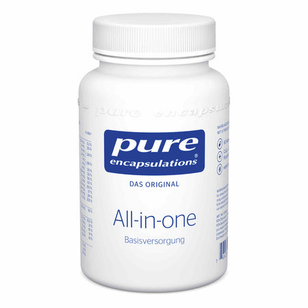 Die Abbildung zeigt eine weiße Plastikdose mit Schraubverschluss, auf der das Logo 'pure encapsulations' und der Text 'All-in-one Basisversorgung' steht. Die Dose enthält Nahrungsergänzungsmittel und ist schlicht gestaltet, ohne Hintergrund.