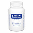 Die Abbildung zeigt eine weiße Plastikdose mit Schraubverschluss, auf der das Logo 'pure encapsulations' und der Text 'All-in-one Basisversorgung' steht. Die Dose enthält Nahrungsergänzungsmittel und ist schlicht gestaltet, ohne Hintergrund.