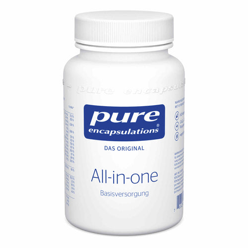 Die Abbildung zeigt eine weiße Plastikdose mit Schraubverschluss, auf der das Logo 'pure encapsulations' und der Text 'All-in-one Basisversorgung' steht. Die Dose enthält Nahrungsergänzungsmittel und ist schlicht gestaltet, ohne Hintergrund.