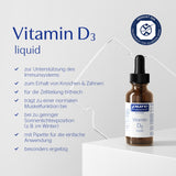 Das Bild zeigt eine Flasche Vitamin D3 liquid von pure encapsulations auf einem weißen Hintergrund. Links neben der Flasche sind in blauer Schrift Informationen über die Vorteile des Produkts aufgelistet, wie Unterstützung des Immunsystems und Erhalt von Knochen und Zähnen. Oben rechts befindet sich ein Siegel mit der Aufschrift 'Produkt der Kölner Liste'.