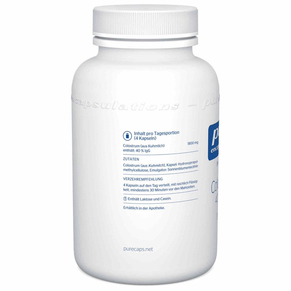 Das Bild zeigt eine weiße Plastikflasche mit einem Schraubverschluss, die ein Nahrungsergänzungsmittel enthält. Auf dem Etikett steht "pure encapsulations" und es enthält Informationen zu Inhaltsstoffen und Verzehrempfehlungen. Das Produkt ist in Apotheken erhältlich und enthält Colostrum aus Kuhmilch. Die Flasche steht aufrecht und ist vor einem neutralen Hintergrund fotografiert.