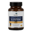 Das Bild zeigt eine braune Flasche mit einem weißen Etikett, auf dem "American Biologics Liposomales Glutathion" steht. Die Flasche enthält 60 Kapseln eines Nahrungsergänzungsmittels mit L-Glutathion. Auf dem Etikett sind auch Informationen wie "vegan", "non-GMO" sowie die Mengenangaben von 150 mg reduziertem L-Glutathion und 225 mg Liposomenmischung angegeben.