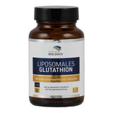 Das Bild zeigt eine braune Flasche mit einem weißen Etikett, auf dem "American Biologics Liposomales Glutathion" steht. Die Flasche enthält 60 Kapseln eines Nahrungsergänzungsmittels mit L-Glutathion. Auf dem Etikett sind auch Informationen wie "vegan", "non-GMO" sowie die Mengenangaben von 150 mg reduziertem L-Glutathion und 225 mg Liposomenmischung angegeben.
