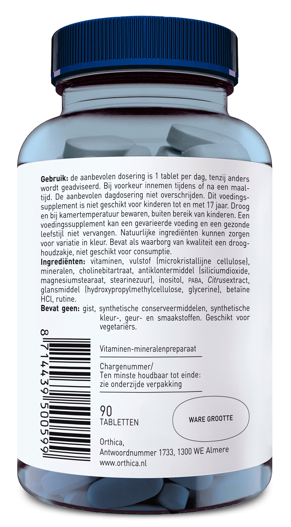 Ein blaues Glas mit einem dunkelblauen Deckel, das 90 Tabletten eines Vitamin-Mineral-Präparats enthält. Der Text auf dem Etikett gibt Anweisungen zur Verwendung und eine Liste der Inhaltsstoffe. Das Produkt ist von der Marke Orthica mit Sitz in Almere.