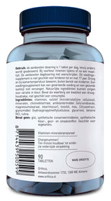 Ein blaues Glas mit einem dunkelblauen Deckel, das 90 Tabletten eines Vitamin-Mineral-Präparats enthält. Der Text auf dem Etikett gibt Anweisungen zur Verwendung und eine Liste der Inhaltsstoffe. Das Produkt ist von der Marke Orthica mit Sitz in Almere.