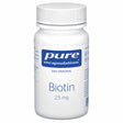 Ein weißes Plastikbehälter mit Schraubverschluss, auf dem 'pure encapsulations DAS ORIGINAL Biotin 2,5 mg' steht. Das Etikett ist in Blau und Weiß gestaltet. Der Behälter ist auf einem weißen Hintergrund abgebildet.