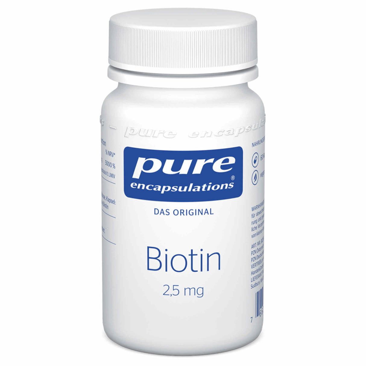 Ein weißes Plastikbehälter mit Schraubverschluss, auf dem 'pure encapsulations DAS ORIGINAL Biotin 2,5 mg' steht. Das Etikett ist in Blau und Weiß gestaltet. Der Behälter ist auf einem weißen Hintergrund abgebildet.