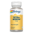 Das Bild zeigt eine Flasche Solaray Tetra-Boron 3 mg Tabletten. Die Flasche ist gelb mit einem weißen Verschluss und einem Regenbogen-Logo. Es enthält 100 Tabletten zur Unterstützung der Knochengesundheit.