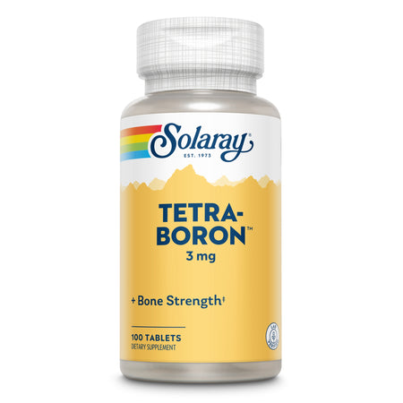 Das Bild zeigt eine Flasche Solaray Tetra-Boron 3 mg Tabletten. Die Flasche ist gelb mit einem weißen Verschluss und einem Regenbogen-Logo. Es enthält 100 Tabletten zur Unterstützung der Knochengesundheit.