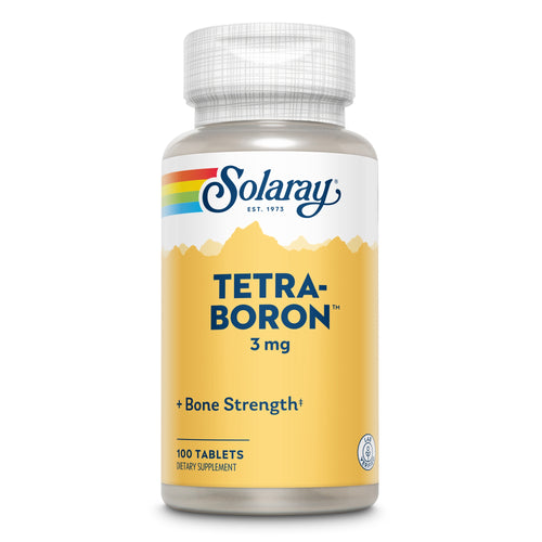 Das Bild zeigt eine Flasche Solaray Tetra-Boron 3 mg Tabletten. Die Flasche ist gelb mit einem weißen Verschluss und einem Regenbogen-Logo. Es enthält 100 Tabletten zur Unterstützung der Knochengesundheit.
