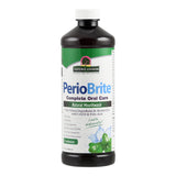 Eine Flasche PerioBrite Mundspülung von Nature's Answer ist abgebildet. Die Flasche ist dunkel mit einem weißen Deckel und einem grünen Etikett. Auf dem Etikett steht 'PerioBrite Complete Oral Care Natural Mouthwash'.