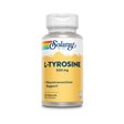 Das Bild zeigt eine Flasche des Nahrungsergänzungsmittels "Solaray L-Tyrosine 500 mg" mit der Aufschrift "Neurotransmitter Support". Die Flasche hat ein gelbes Etikett mit einem Bergmotiv und enthält 50 Vegcaps.