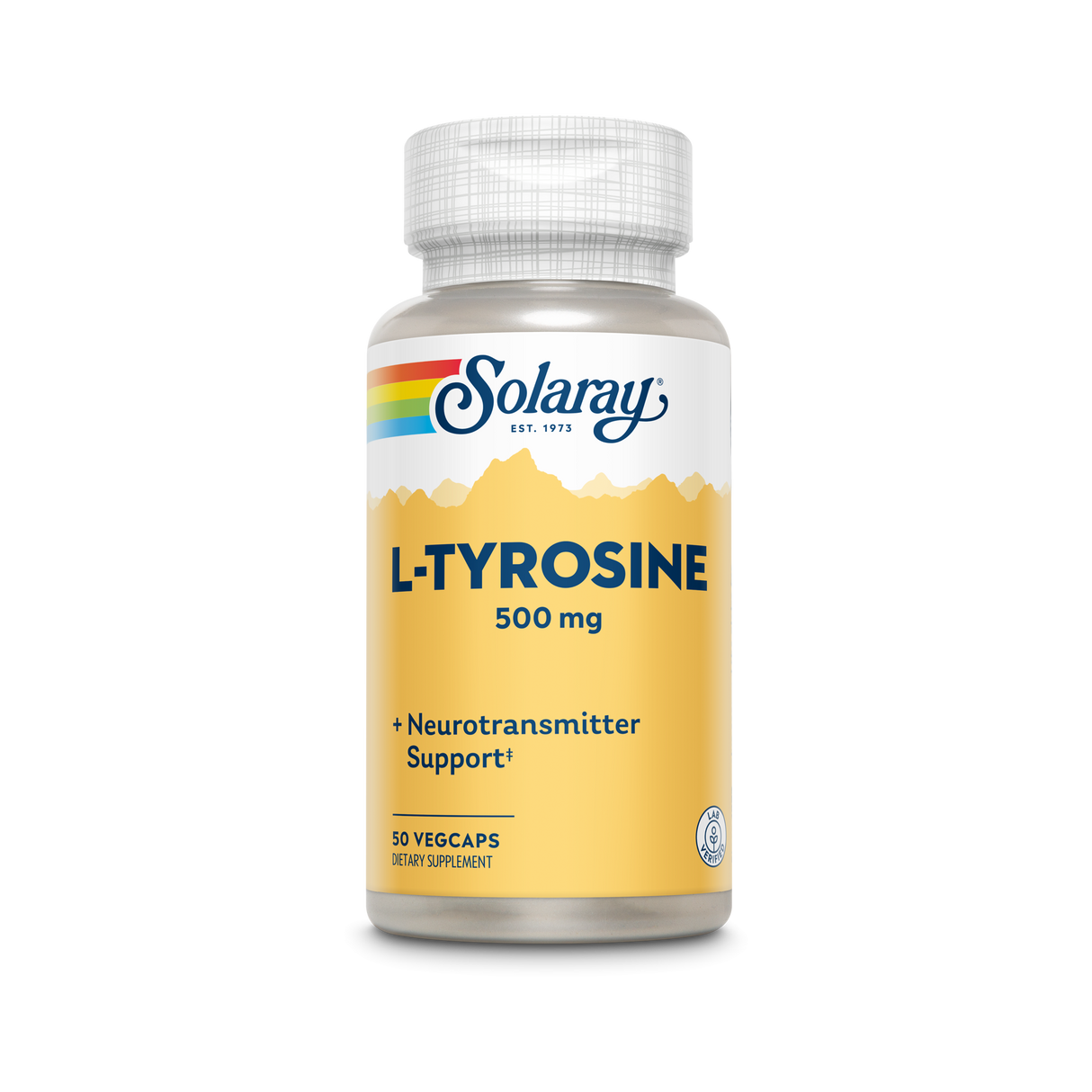 Das Bild zeigt eine Flasche des Nahrungsergänzungsmittels "Solaray L-Tyrosine 500 mg" mit der Aufschrift "Neurotransmitter Support". Die Flasche hat ein gelbes Etikett mit einem Bergmotiv und enthält 50 Vegcaps.