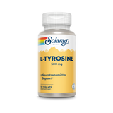 Das Bild zeigt eine Flasche des Nahrungsergänzungsmittels "Solaray L-Tyrosine 500 mg" mit der Aufschrift "Neurotransmitter Support". Die Flasche hat ein gelbes Etikett mit einem Bergmotiv und enthält 50 Vegcaps.