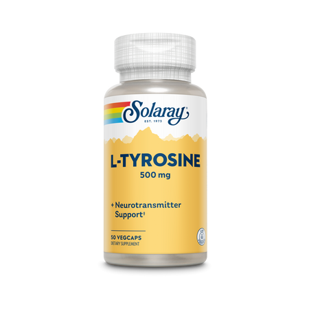 Das Bild zeigt eine Flasche des Nahrungsergänzungsmittels "Solaray L-Tyrosine 500 mg" mit der Aufschrift "Neurotransmitter Support". Die Flasche hat ein gelbes Etikett mit einem Bergmotiv und enthält 50 Vegcaps.