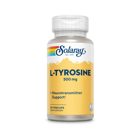 Das Bild zeigt eine Flasche des Nahrungsergänzungsmittels "Solaray L-Tyrosine 500 mg" mit der Aufschrift "Neurotransmitter Support". Die Flasche hat ein gelbes Etikett mit einem Bergmotiv und enthält 50 Vegcaps.