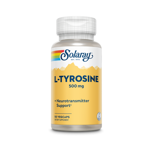 Das Bild zeigt eine Flasche des Nahrungsergänzungsmittels "Solaray L-Tyrosine 500 mg" mit der Aufschrift "Neurotransmitter Support". Die Flasche hat ein gelbes Etikett mit einem Bergmotiv und enthält 50 Vegcaps.