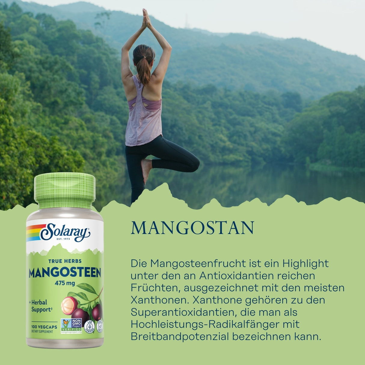 Eine Frau steht in Yoga-Pose vor einem See in einer bergigen Waldlandschaft. Im Vordergrund ist eine Flasche Solaray Mangosteen Nahrungsergänzungsmittel abgebildet. Text erläutert die antioxidativen Vorteile der Mangostanfrucht.
