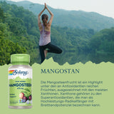 Eine Frau steht in Yoga-Pose vor einem See in einer bergigen Waldlandschaft. Im Vordergrund ist eine Flasche Solaray Mangosteen Nahrungsergänzungsmittel abgebildet. Text erläutert die antioxidativen Vorteile der Mangostanfrucht.
