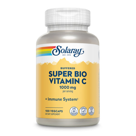 Das Bild zeigt eine Flasche Solaray Super Bio Vitamin C Nahrungsergänzungsmittel mit 1000 mg pro Portion. Die Flasche ist weiß mit einem gelben Etikett, das den Produktnamen und die Dosierung sowie Symbole für vegan, lab-verifiziert und zeitverzögerte Freigabe zeigt.